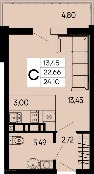 Планировка студии квартиры 24.1 м² в "Эпос", г. Майкоп — фото 1