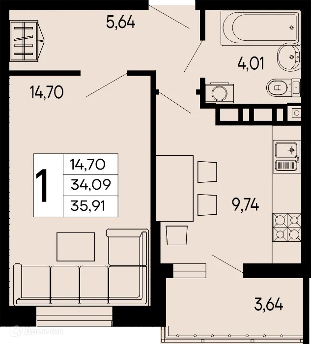 Планировка 1-комнатной квартиры 35.91 м² в "Эпос", г. Майкоп — фото 1