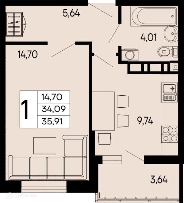 Планировка 1 комн. в "Эпос"