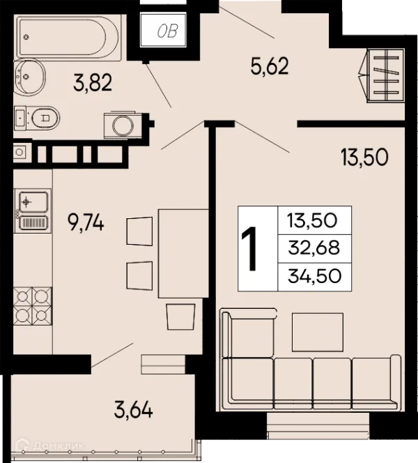 Планировка 1 комн. в "Эпос"