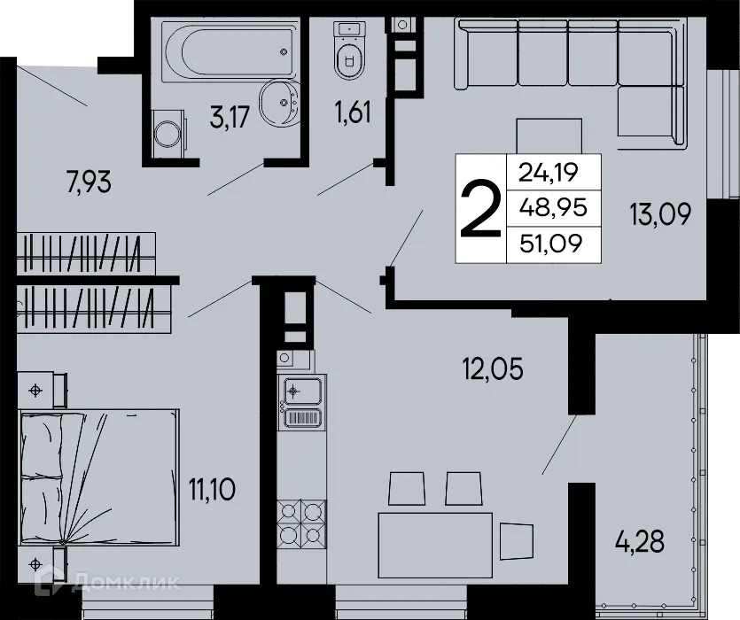 Планировка 2-комнатной квартиры 51.09 м² в "Эпос", г. Майкоп — фото 1