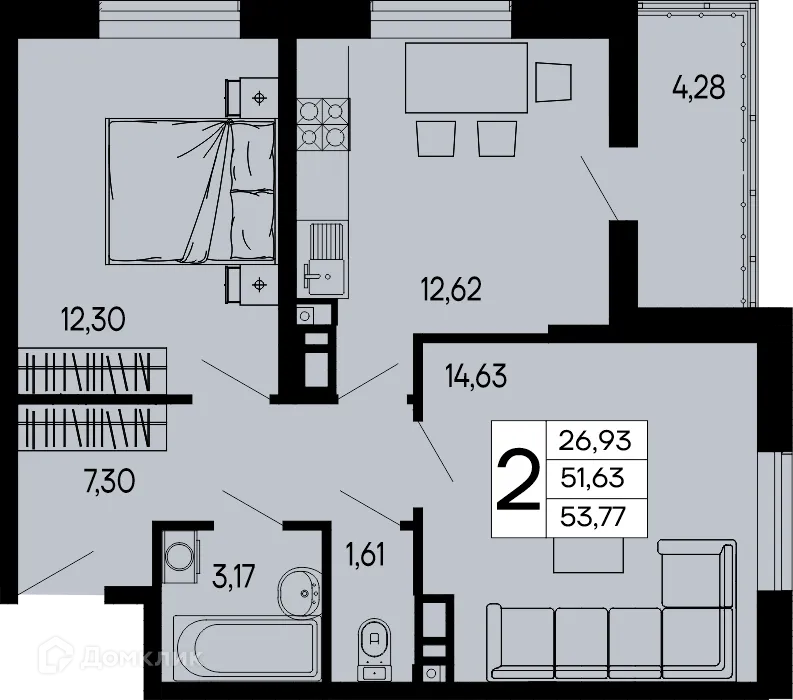 Планировка 2-комнатной квартиры 53.77 м² в "Эпос", г. Майкоп — фото 1