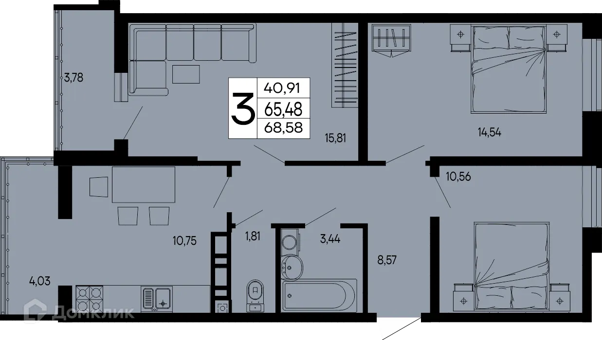 Планировка 3-комнатной квартиры 68.58 м² в "Эпос", г. Майкоп — фото 1