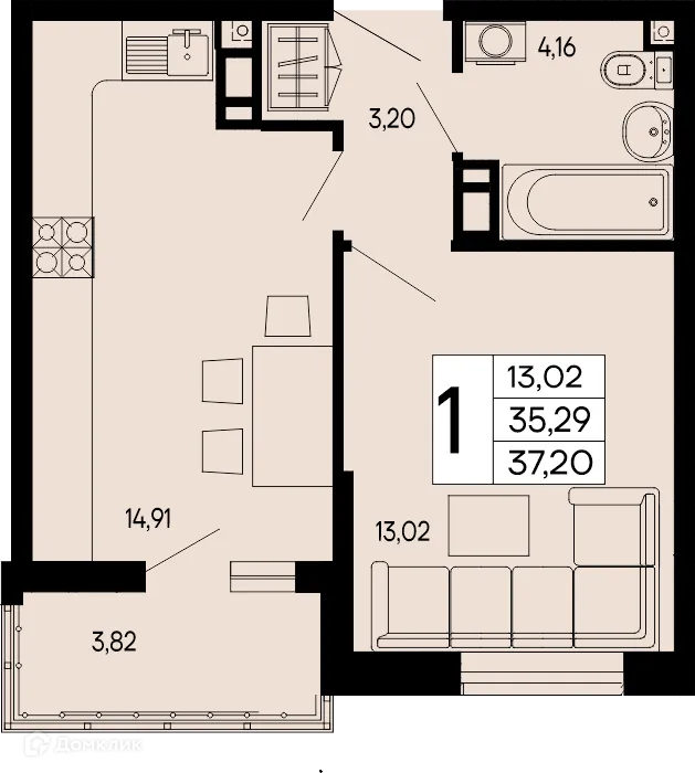 Планировка 1-комнатной квартиры 37.2 м² в "Эпос", г. Майкоп — фото 1