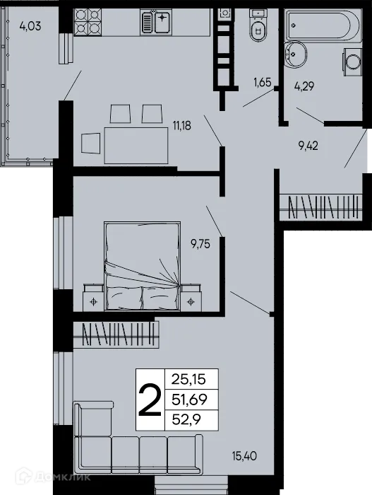 Планировка 2-комнатной квартиры 52.9 м² в "Эпос", г. Майкоп — фото 1