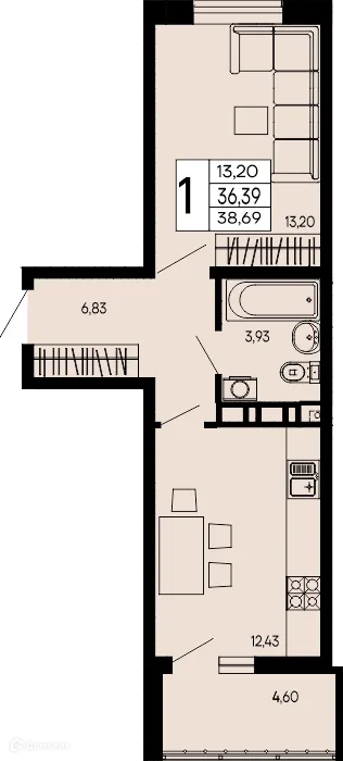 Планировка 1-комнатной квартиры 38.69 м² в "Эпос", г. Майкоп — фото 1