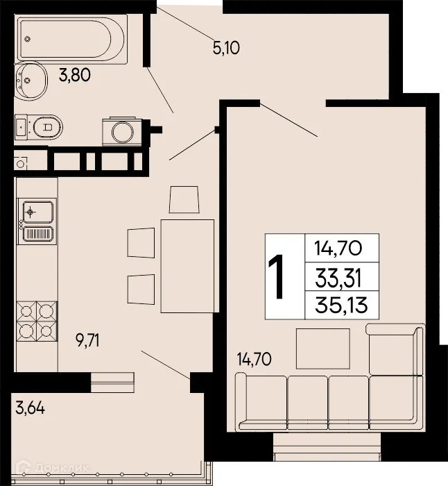 Планировка 1-комнатной квартиры 35.13 м² в "Эпос", г. Майкоп — фото 1