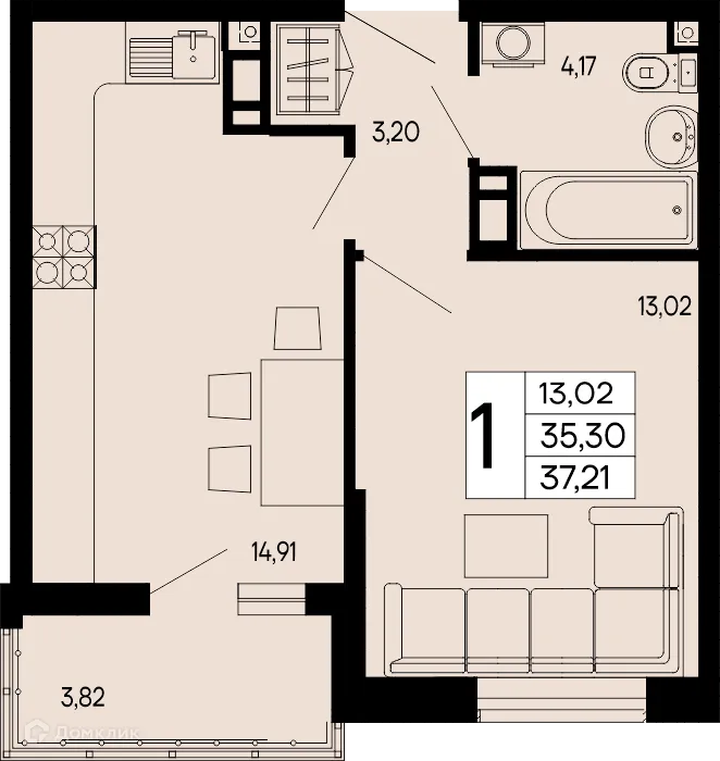 Планировка 1-комнатной квартиры 37.21 м² в "Эпос", г. Майкоп — фото 1