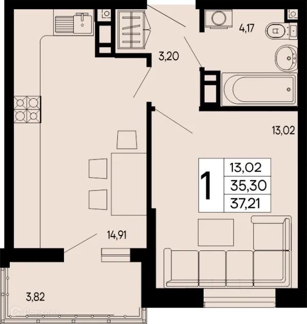 Планировка 1 комн. в "Эпос"