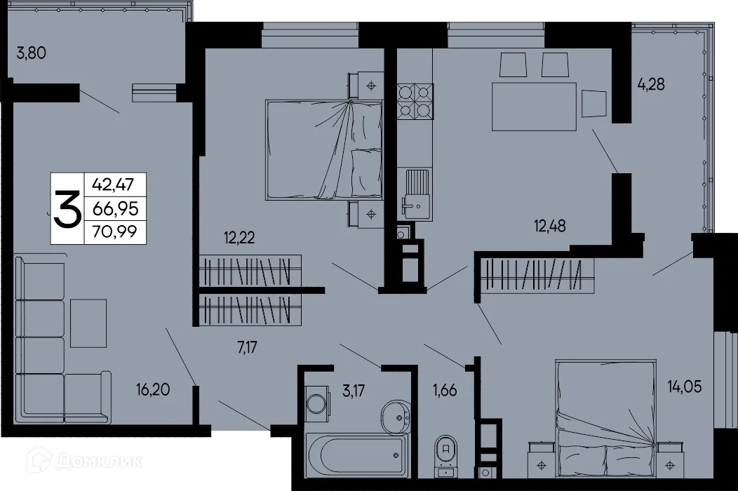 Планировка 3-комнатной квартиры 70.99 м² в "Эпос", г. Майкоп — фото 1