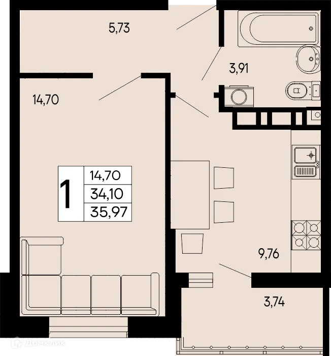 Планировка 1-комнатной квартиры 35.97 м² в "Эпос", г. Майкоп — фото 1