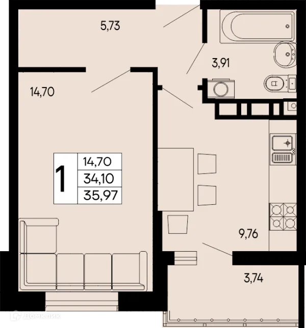 Планировка 1 комн. в "Эпос"