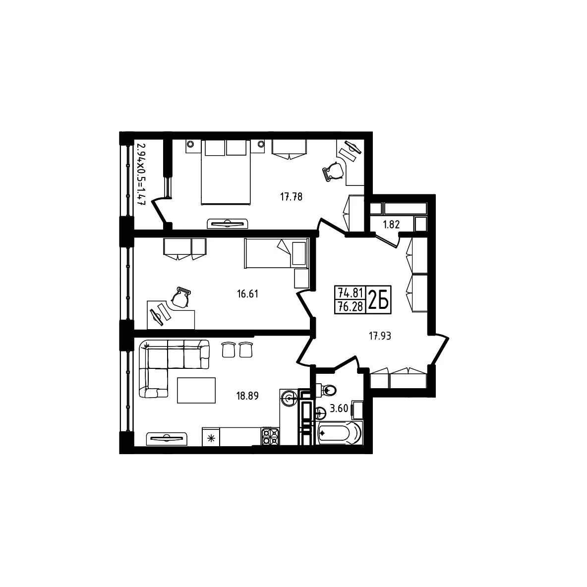 Планировка 2-комнатной квартиры 76.28 м² в ЖК Яблоневый эко район 4 очередь, г. Майкоп — фото 1