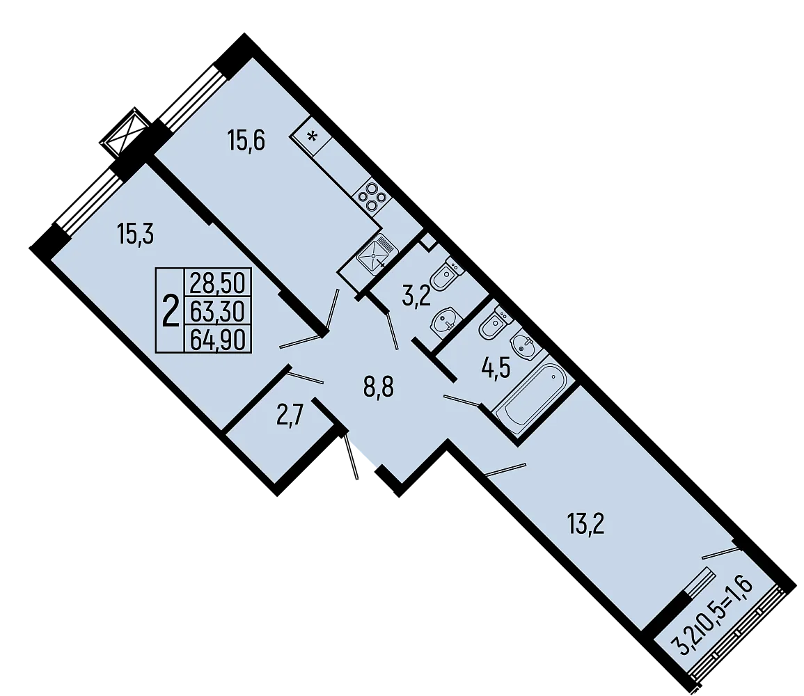 Планировка 2-комнатной квартиры 64.9 м² в ЖК Звёзды, г. Майкоп — фото 1