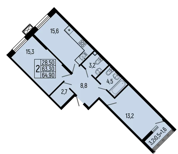 Планировка 2 комн. в ЖК Звёзды