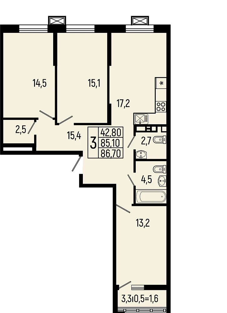 Планировка 3-комнатной квартиры 86.7 м² в ЖК Звёзды, г. Майкоп — фото 1