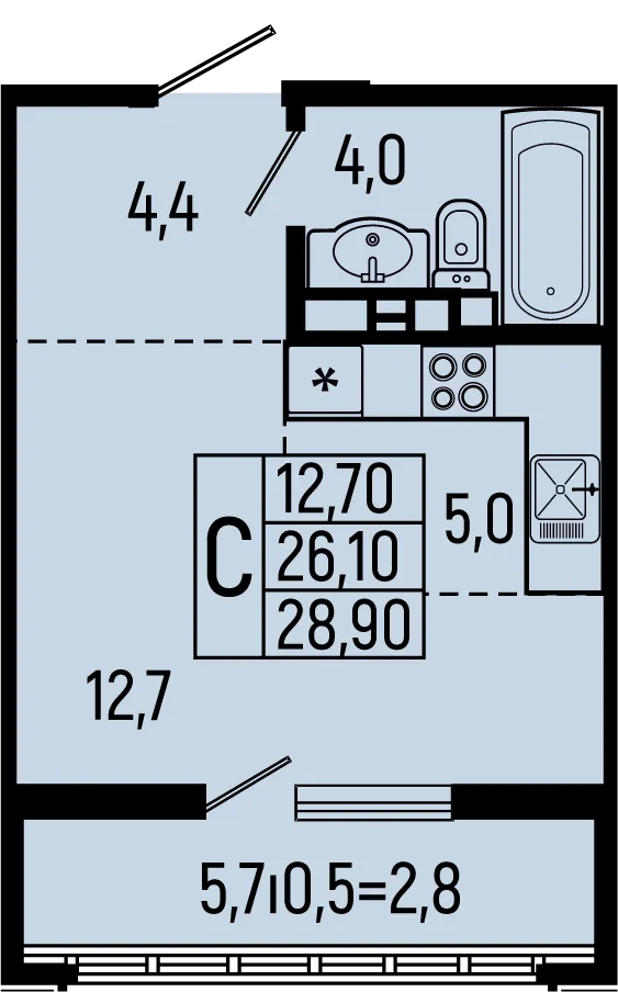 Планировка студии квартиры 28.9 м² в ЖК Звёзды, г. Майкоп — фото 1