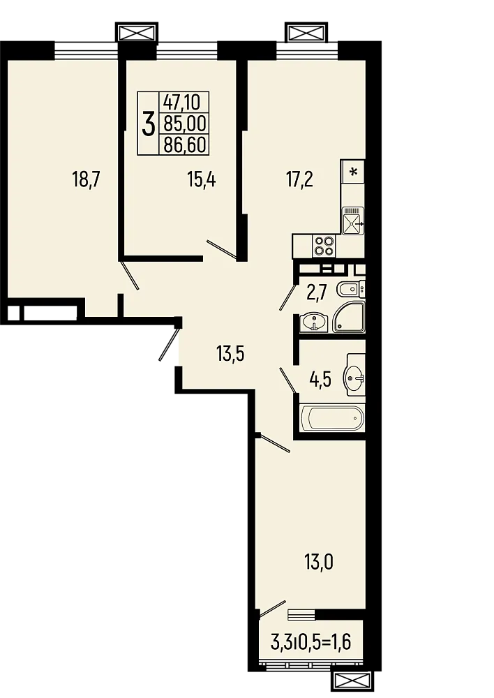 Планировка 3-комнатной квартиры 86.6 м² в ЖК Звёзды, г. Майкоп — фото 1