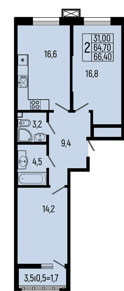 Планировка 2-комнатной квартиры 66.4 м² в ЖК Звёзды, г. Майкоп — фото 1