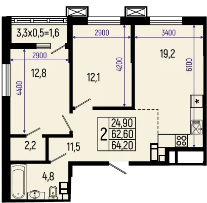 Планировка 2-комнатной квартиры 64.2 м² в ЖК Звёзды, г. Майкоп — фото 1