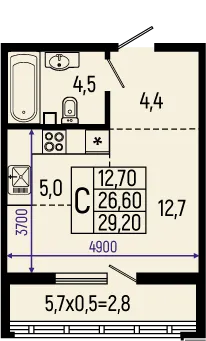 Планировка студии квартиры 29.2 м² в ЖК Звёзды, г. Майкоп — фото 1