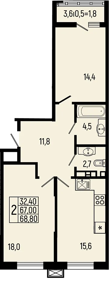 Планировка 2-комнатной квартиры 68.8 м² в ЖК Звёзды, г. Майкоп — фото 1