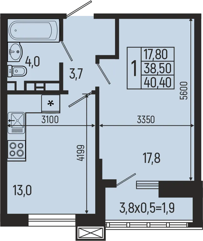 Планировка 1-комнатной квартиры 40.4 м² в ЖК Звёзды, г. Майкоп — фото 1
