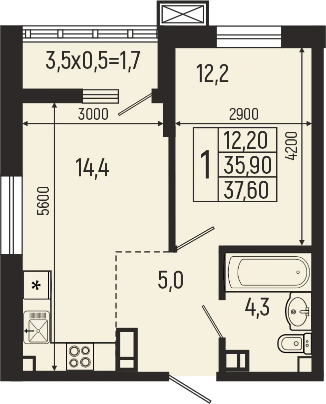 Планировка 1-комнатной квартиры 37.6 м² в ЖК Звёзды, г. Майкоп — фото 1