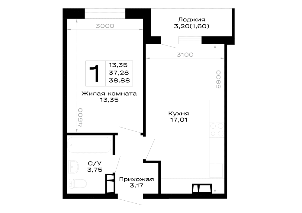 Планировка 1-комнатной квартиры 38.88 м² в Горные высоты, г. Майкоп — фото 1
