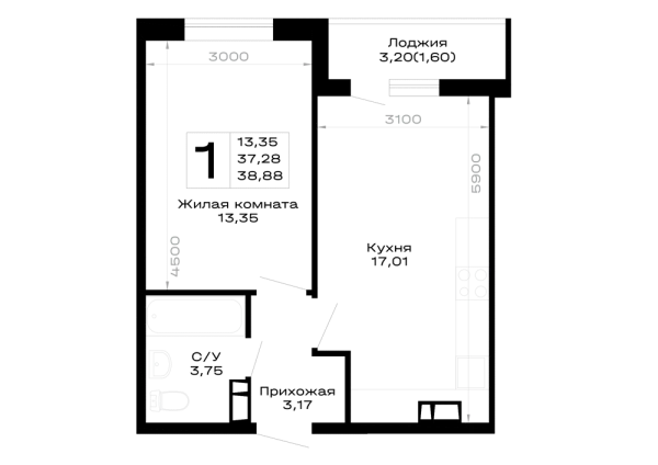 Планировка 1 комн. в Горные высоты