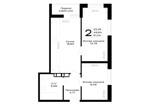 Планировка 2 комн. в Горные высоты