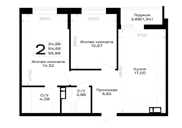Планировка 2 комн. в Горные высоты