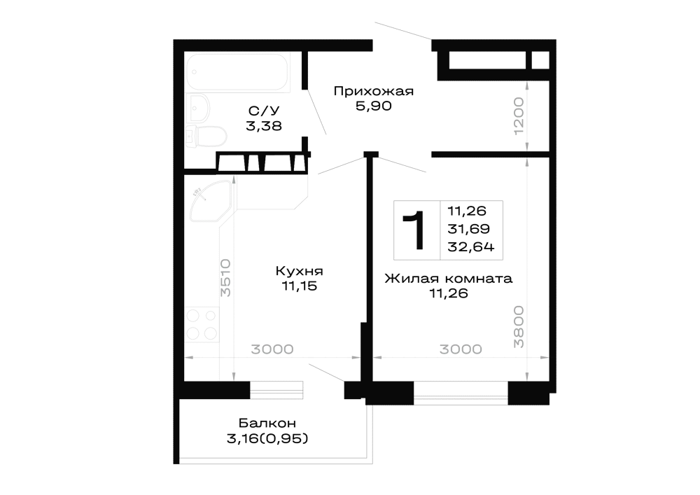 Планировка 1-комнатной квартиры 32.64 м² в Горные высоты, г. Майкоп — фото 1