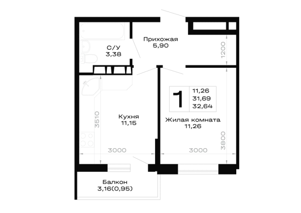 Планировка 1 комн. в Горные высоты