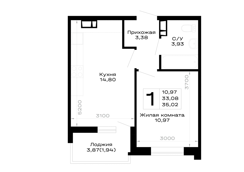 Планировка 1-комнатной квартиры 35.02 м² в Горные высоты, г. Майкоп — фото 1