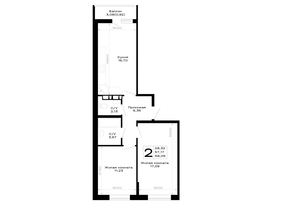 Планировка 2-комнатной квартиры 58.09 м² в Горные высоты, г. Майкоп — фото 1