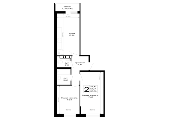 Планировка 2 комн. в Горные высоты
