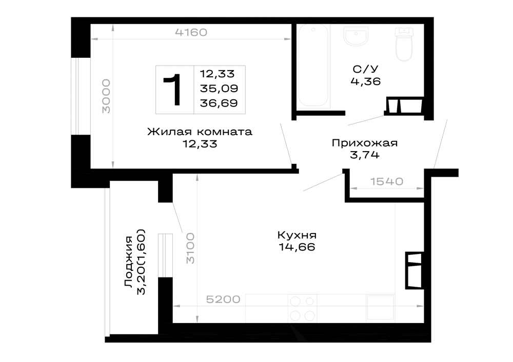 Планировка 1-комнатной квартиры 36.69 м² в Горные высоты, г. Майкоп — фото 1