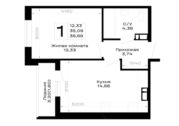 Планировка 1 комн. в Горные высоты