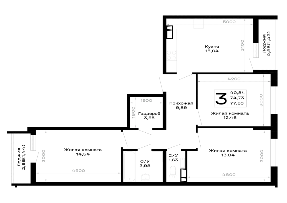 Планировка 3-комнатной квартиры 77.6 м² в Горные высоты, г. Майкоп — фото 1