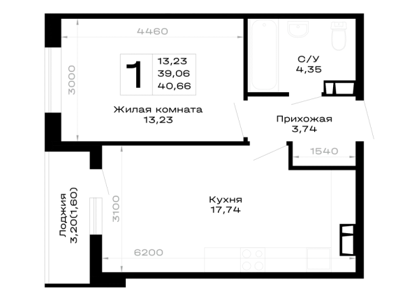 Планировка 1 комн. в Горные высоты