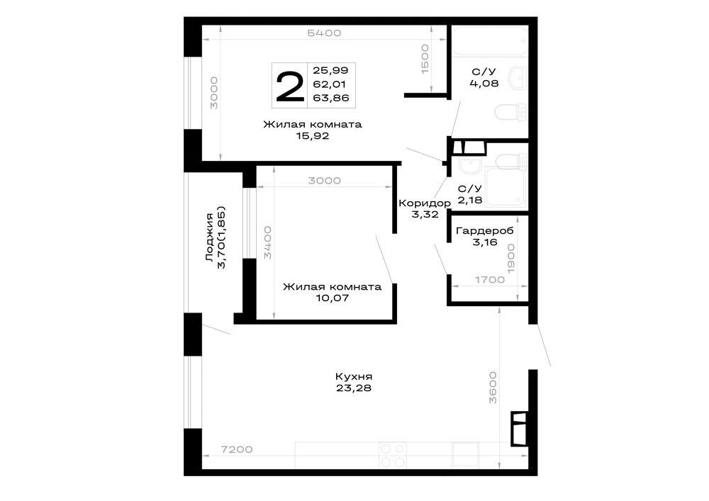 Планировка 2-комнатной квартиры 63.86 м² в Горные высоты, г. Майкоп — фото 1