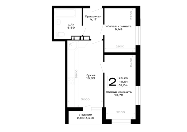 Планировка 2 комн. в Горные высоты
