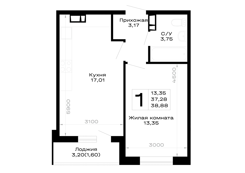 Планировка 1-комнатной квартиры 38.88 м² в Горные высоты, г. Майкоп — фото 1