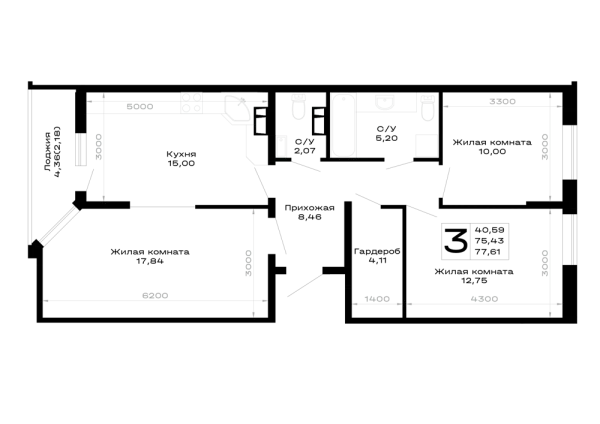 Планировка 3 комн. в Горные высоты
