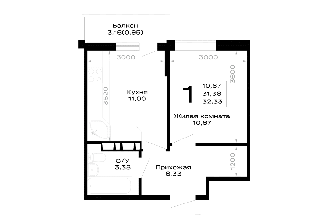 Планировка 1-комнатной квартиры 32.33 м² в Горные высоты, г. Майкоп — фото 1