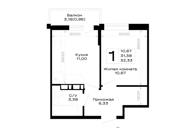 Планировка 1 комн. в Горные высоты