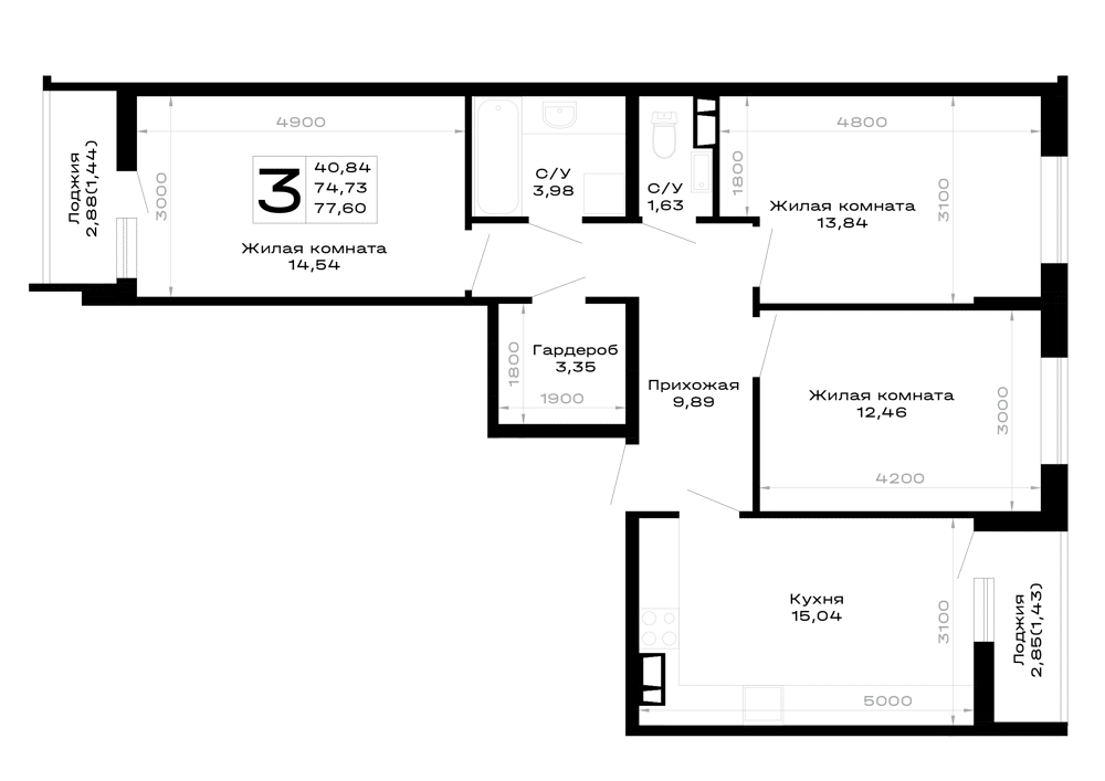 Планировка 3-комнатной квартиры 77.6 м² в Горные высоты, г. Майкоп — фото 1