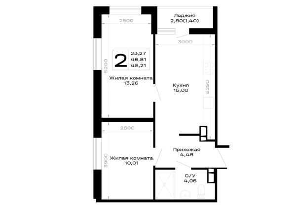Планировка 2 комн. в Горные высоты