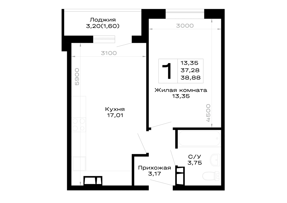 Планировка 1-комнатной квартиры 38.88 м² в Горные высоты, г. Майкоп — фото 1